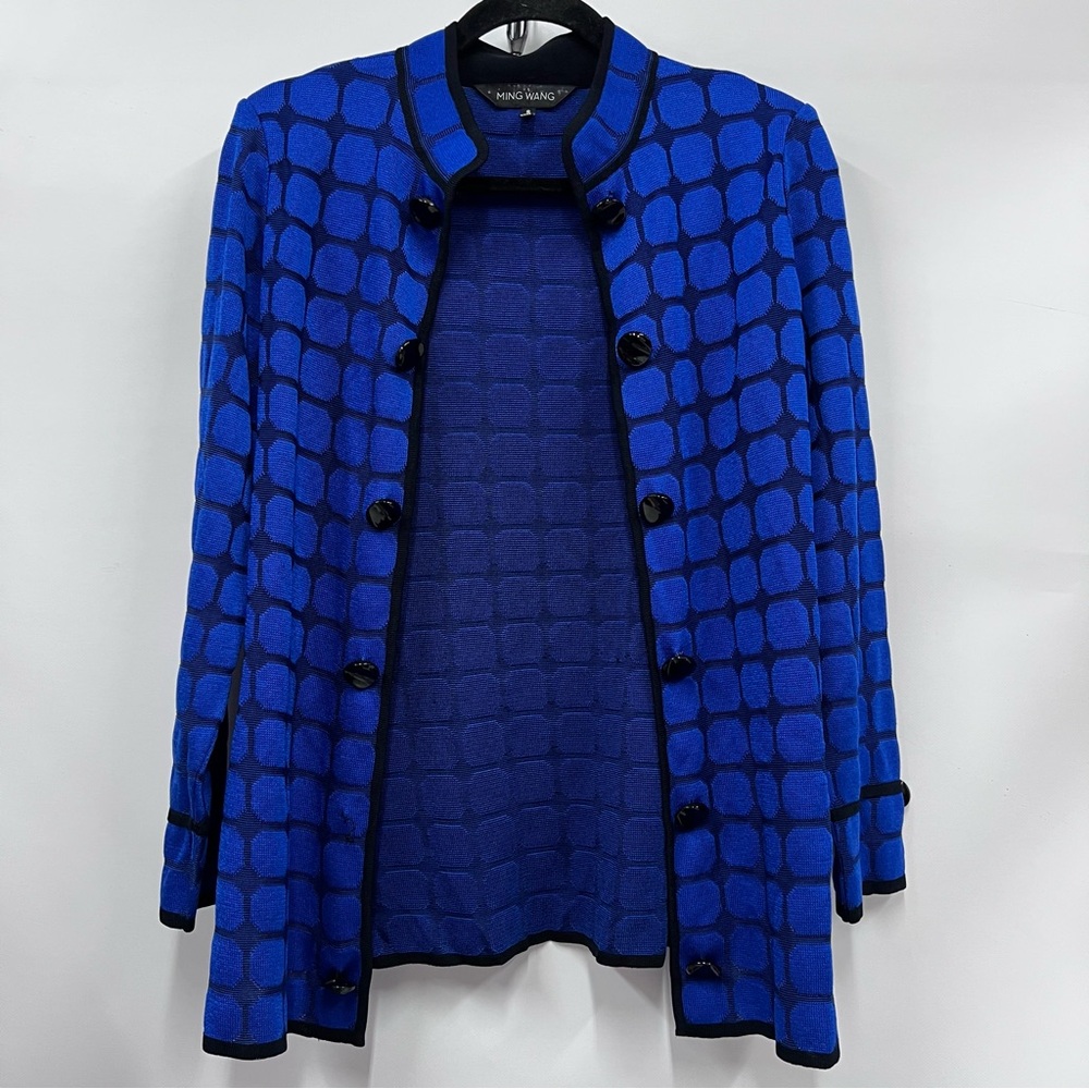Ming Wang S Royal Blue Geometric Women's Blazer grid knit ONE BUTTON MISSING